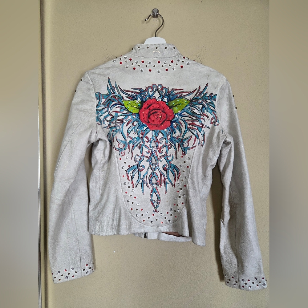 Wilsons Genuine Leather Embellished Grunge Biker Jacket Y2k Painted